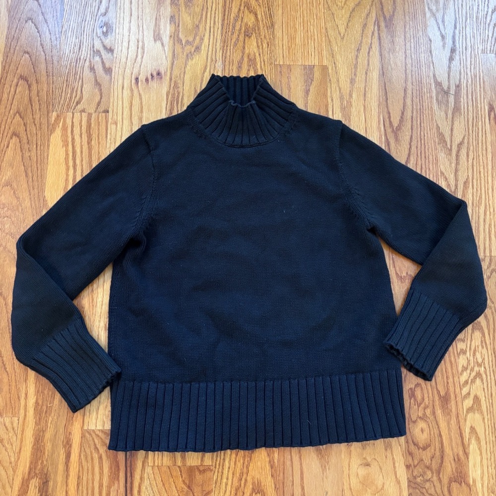J.Crew Womens Mock Neck Cotton Knit Sweater Black Ribbed Trim Size S Long Sleeve